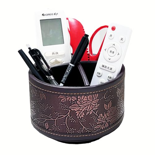 PU Leather Round TV Remote Control Holder for Table,360° Swivel Office Supply Desktop Organizer,4 Compartments Phone/Pen/Pencil Holder,Suitable for Stationery/Heater Controllers Etc (Antique) - color: Antique
