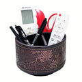 PU Leather Round TV Remote Control Holder for Table,360° Swivel Office Supply Desktop Organizer,4 Compartments Phone/Pen/Pencil Holder,Suitable for Stationery/Heater Controllers Etc (Antique) - color: Antique