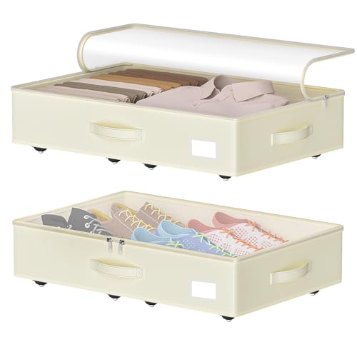 EE-RoomWorld Under Bed Storage with Wheels, No Assemble Required 5.5 inches height beige under bed storage bins,Low Profile Rolling Underbed Shoe Storage containers，dorm underbed storage drawers - color: Beige, size: 5.5 inch height