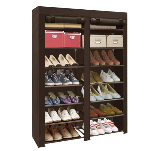 ERONE Shoe Rack Storage Organize, 28 Pairs Portable Double Row with Nonwoven Fabric Cover Shoe Shelf Cabinet for Closet - color: Brown
