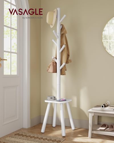 VASAGLE Coat Rack, Free Standing Coat Stand, Hall Coat Tree with 8 Hooks and Storage Shelf, 69.2 Inch Tall, for Coats, Hats, Bags, for Entryway, Hallway, Bedroom, Cloud White URCR033W01 - color: Cloud White, style: round tray