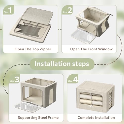 FHSQX 3 Pack Clothes Storage Bins Foldable Metal Frame Storage Box Extra Large Stackable Linen Fabric Organizer Set with Carrying Handles and Clear Window (Beige, 23.6x16.5x15.7inch(100L)) - color: Beige, size: 23.6x16.5x15.7inch(100L)