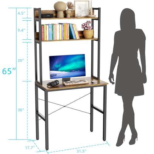 Aquzee 31 Inch Desk Hutch, Teen Desk with Shelves, Study Desks with Storage, Computer Desks for Small Spaces, Kids, Student, Space Saving, Easy Assemble, Rustic Brown - color: Brown, size: 31inch