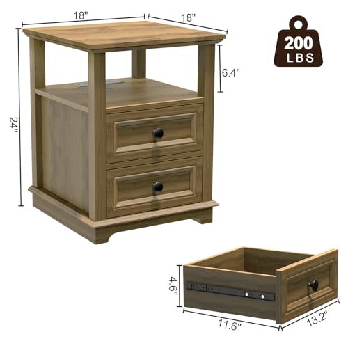 REDAYFUR End Table with Fast USB C Charging Station, Sofa Side Table with 2 Drawers, Large Storage Rustic Wood Square Storage Cabinet for Living Room,Bedroom,Office, Light Brown - color: Light Brown, size: 1 Piece
