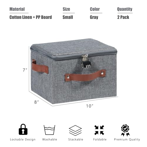 2PCS Storage Bins Boxes with Zipper Lid Combination Lock Cotton Linen Fabric Lidded Lockable Baskets PU Leather Handles Collapsible Washable Closet Shelf Organizer Container (Gray, Small) - color: Gray, size: Small ( Set of 2 )