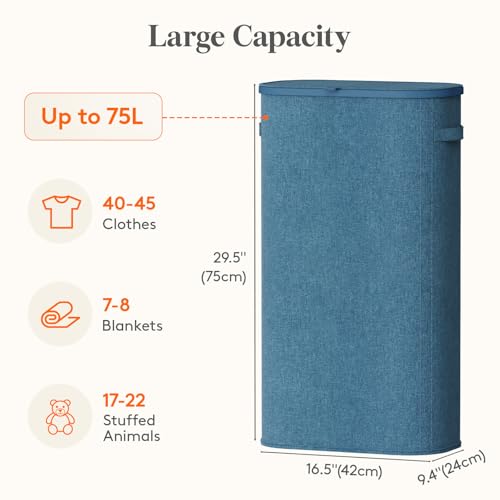 Lifewit Slim Laundry Basket with Lid, Narrow Large Laundry Hamper with Plastic Handles and Removable Bag, Tall Foldable Dirty Clothes Hampers for Laundry Room, Bedroom, Bathroom, Dorm, 75L Dark Blue - color: Dark Blue, size: 75L