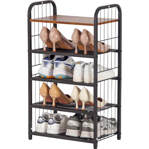 Shoe Rack, 5-Tier Shoe Organizer with Guardrails, Heavy-Duty Metal Mesh Shelves & Rustic Wooden Top for Stylish Closet & Front Door Storage - size: 17.32" X 10.24" X 29.33"