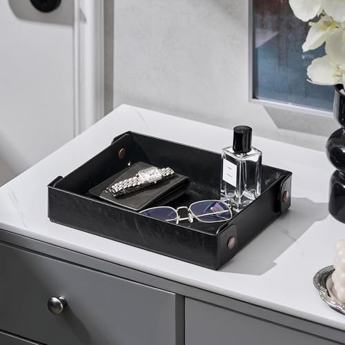 Catch All Valet Tray - EDC Organizer for Key, Wallet, Watch, Jewelry, Phone, coin change | Faux Leather Storage Tray for Dresser, Nightstand, Desk, Entryway, Travel Storage | Black - color: Black