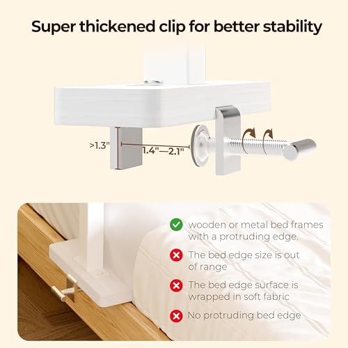 Wealone Adjustable Bedside Shelf for Bed, White College Dorm Room Essentials, Bamboo Bed Side Tray Table with Sturdy Metal Pole, Clip On Nightstand Organizer for College, Apartment, Bunk Beds - color: White