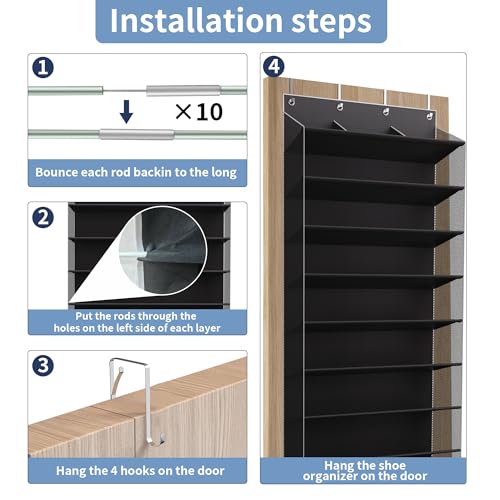 TAHAVICE 10-Tier Large Size Over The Door Shoe Organizer, Holds 30 Pairs Hanging Shoe Rack with Deep Pockets for Closet, Space-Saving Storage for Sneakers, Boots (Black) - color: Black