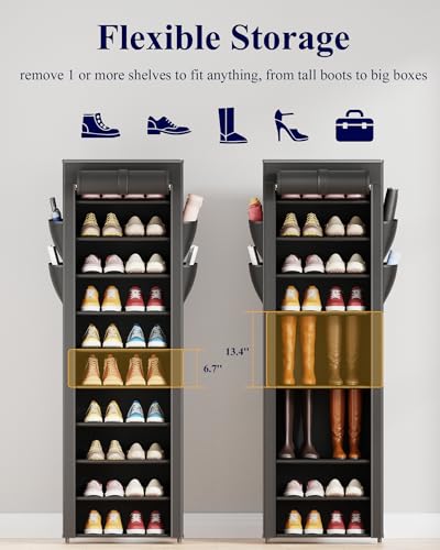 Kitsure Shoe Rack - 10-Tier Large Capacity Shoe Organizer Shelf with Dust Cover & Side Pockets, Rust-Proof Metal Shoe Rack for Closet, Entrance, Living Room, 17.5" x 12.4" x 69.3", Black - color: Black, size: 17.5" x 12.4" x 69.3"