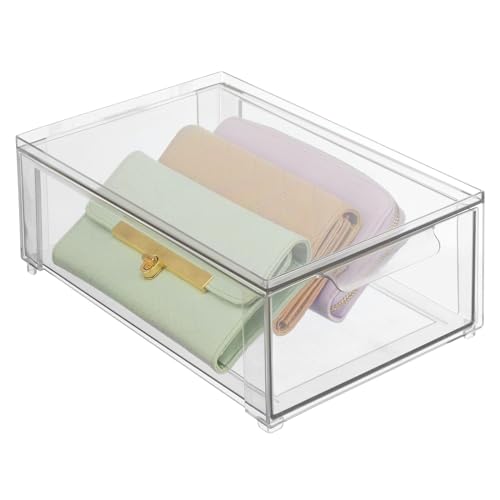 mDesign Plastic Closet Organizer Bin w/Pull Out Drawer - Shallow Stackable Storage for Closet - Organization for Shoes, Clothes, Bags, Totes, and Small Linens - Lumiere Collection - Clear - size: 8 x 12 x 4 (Pack of 1)