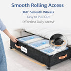 Under Bed Storage with Wheels, Under Bed Storage with Dividers, 66L Rolling Organizer with Clear Lid and 3 Compression Bags for Clothes, Blankets, Bedding and Shoes