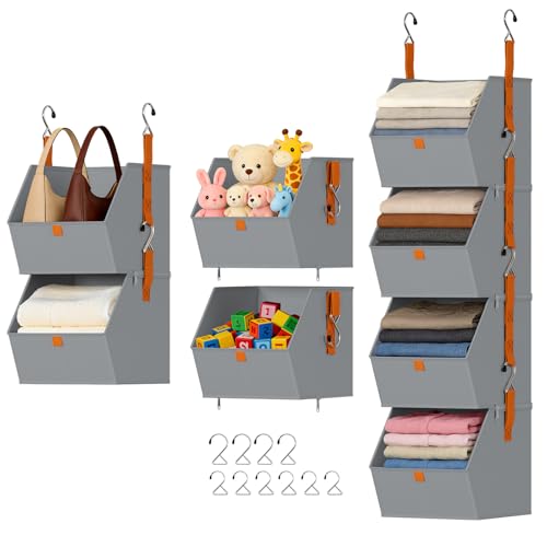 DIMJ Hanging Closet Organizer - 4 Tier Collapsible Hanging Shelves with Hooks Zipper, Fabric Clothes Organizer, Space-Saving Storage Bin Basket for RV, Bedroom, Laundry Organization - color: Grey, size: 4 Pack