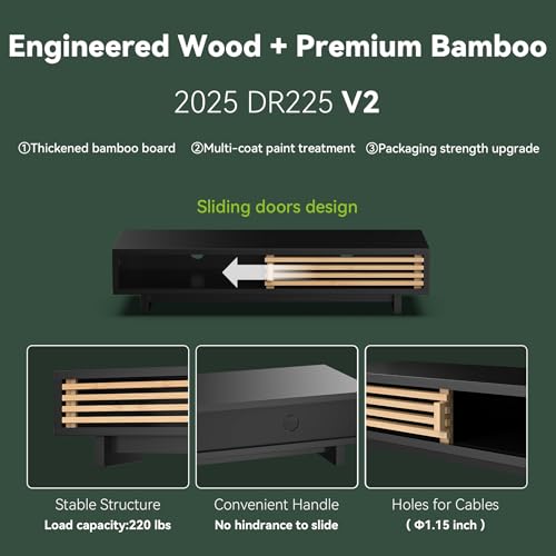 Monitor Stand with Sliding Bamboo Doors, 25 Inch Heavy Duty Wood Computer Monitor Riser, Ergonomic Desk Organizer with Storage & Keyboard Tray, Natural & Black - color: Black + Natural Bamboo, size: 25 Inch