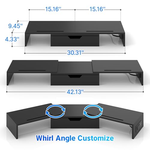 Elephance Dual Monitor Stand with USB Ports,Wood Computer Monitor Stand Riser with Drawer,Adjustable Desk Shelf,Desk Organizer for Computer,Laptop,No Assembly Required,Black