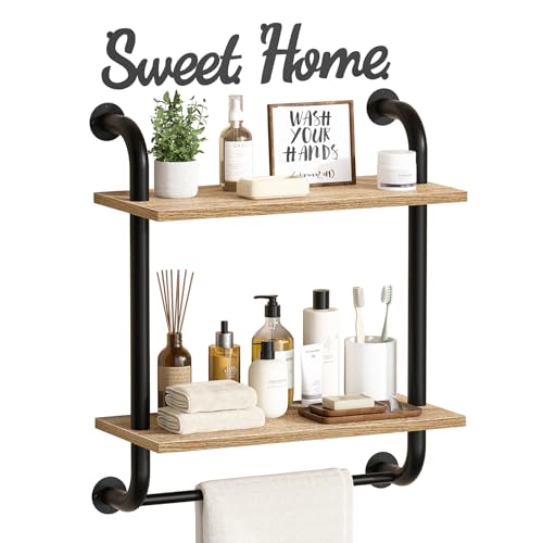 Tinpin Bathroom Shelves Wall Mounted, Rustic Farmhouse Pipe Shelves, 2-Tier, Industrial Shelving Over Toilet, Floating Shelf Decor for Bathroom, Kitchen, Bedroom, Living Room 17.3 inch - color: Brown, size: 2 tier