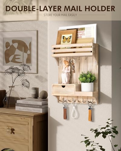 Rebee Vision Decorative Key Holder Wall Mount with Mini Drawer Organizer - Farmhouse Key Holder for Wall with Mail Organizer & 9 Key Hooks - Ideal Room Decor Aesthetic (Natural Wood) - color: Natural Wood, style: Small Drawer
