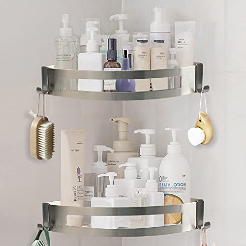 NearMoon Bathroom Shower Caddy 2 Pack, No Drill 304 Stainless Steel Shower Organizer with 2 Hooks (Corner Shelf, Brushed Nickel) - color: Brushed Nickel