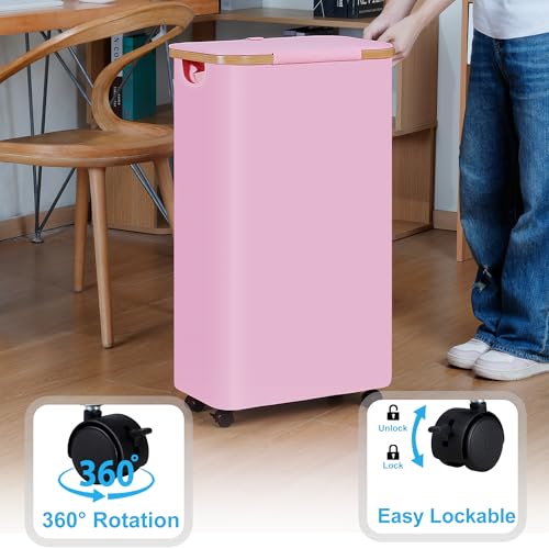 efluky Slim Laundry Basket with Wheels, Narrow Rolling Laundry Hamper with Lid and Removable Bag, Tall Aesthetic Dirty Clothes Hamper on Wheels for Laundry Room, Bedroom, Dorm and Bathroom, 75L Pink - color: Pink, size: 75L