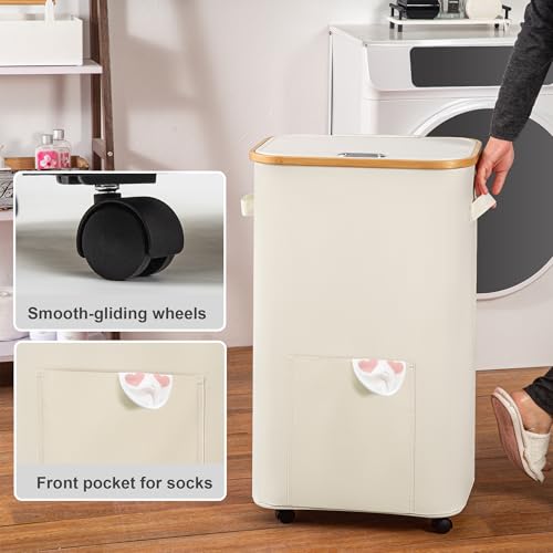 Vincona Laundry Basket with Wheels, Tall Dirty Clothes Hamper on Wheels, Rolling Laundry Hamper with lid for Dorm, Bedroom and Bathroom (Beige, 100L) - color: Beige, size: 100L