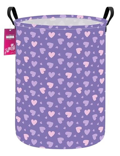 Laundry Hamper Large Canvas Fabric Lightweight Storage Basket/Toy Organizer/Dirty Clothes Collapsible Waterproof for College Dorms, Boys and Girls Bedroom,Bathroom(Purple hearts) - color: Purple hearts