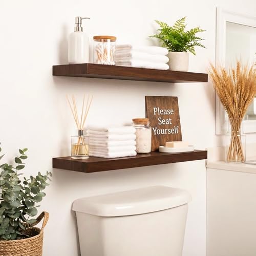 Floating Shelves for Wall Rustic Farmhouse 24 Inch Floating Shelf Wooden Shelves for Wall Pine Wood Shelf with Unique Natural Grain for Living Room Bedroom Kitchen (Espresso) - color: Espresso - Flat Edge, size: 24 inch - 2pcs