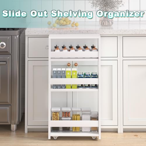 MARTY White Slim Storage Cart with Wheels, 4 Tier Rolling Utility Cart with Handle Slide Out Shelving Unit Organizer Trolley for Laundry Kitchen Bathroom Narrow Places Small Corner - color: All White, size: 5.51"D x 15.75"W x 31.5"H