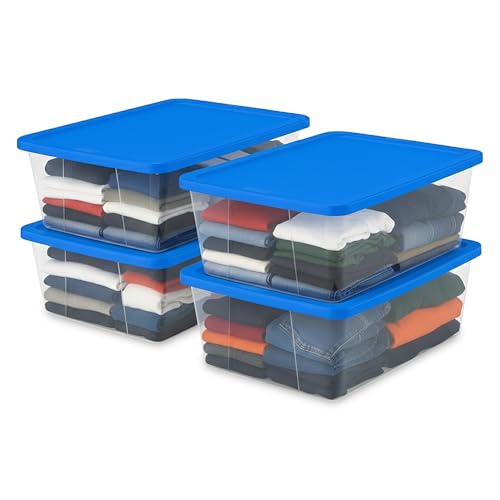 HOMZ 4-Pack Snaplock, Small Clear Plastic Storage Organizer Bins w/Lids, 12 Quart, Blue - Stackable Container Boxes for Bedroom, Bathroom, Garage, and Office Organization - color: Blue Lid, size: 12 QT (4 Pack)