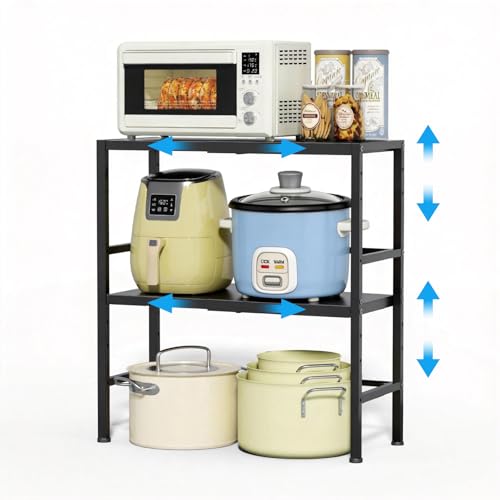 Expandable Metal Storage Shelves, 300 LBS Heavy Duty Metal Shelving Unit Rack For Pots And Pans Appliances Heavy Items, Adjustable 2 Tier Storage Shelf Rack Organizer For Kitchen Pantry Garage Laundry - color: Black, size: 2 Tiers：11.8"D x 28.3"W x 30.9"H