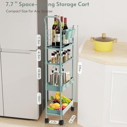 danpinera Rolling Utility Cart with Wheels, 4 Tier 7.7'' Metal Rolling Narrow Storage Cart with Hooks and Hanging Cups on Wheels for Bathroom, Kitchen, Office and Small Spaces, Green - color: Green, size: Slim (4 tier)