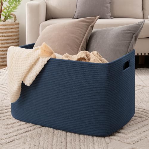 OIAHOMY 118L XXXLarge Cotton Rope Storage Basket, Oversized Blanket Basket, Used for Organizing Dirty Clothes in Living Room, Bedroom, Nursery, Dog Toy Storage Bins, 25" x 17" x 16",Blue - color: Blue