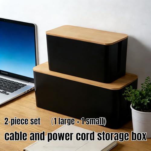 1 Large + 1 Small Cable Management Box Set – 2-Piece Cord Organizer Box, Home Office Desk Wire Storage & Cable Management Solution (Bamboo Lid/Black) - color: Bamboo Lid/Black