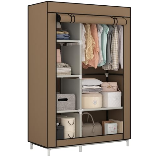 Calmootey Portable Closet Organizers, Clothing Storage, Wardrobe with 6 Shelves and Hanging Rod, Non-Woven Fabric Cover with 4 Side Pockets, Brown - color: Brown