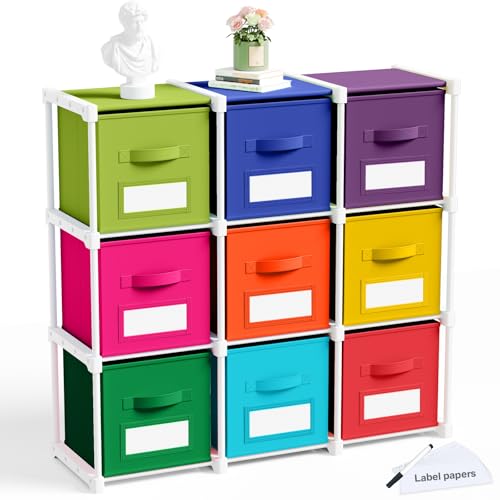 Geelin 9 Cube Toys Storage Organizer with Fabric Bins and Labels, 11 Inch Collapsible Cubby Storage Drawers Colorful Dresser with Shelf for Playroom Nursery Closet Bedroom Dorm Decor - color: Rainbow