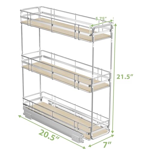 ROOMTEC 3-Tier Pull Out Cabinet Organizer Spice Rack for Narrow Cabinet 7" W x 20½" D, Slide Out Wood Shelves Storage for Kitchen - size: 7" W x 20½" D, 3 Tier, Wood Shelves