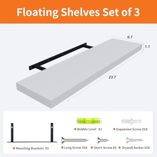Upassion Floating Shelves for Wall Set of 3, 24" White Wall Shelves for Home Decor, Frame Display White Floating Shelf for Living Room, Bedroom, Bathroom, Kitchen - color: White, size: 24 Inch