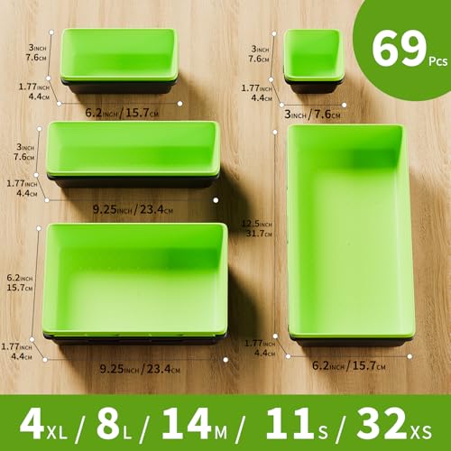 [5 Sizes] [69 PCS] Tool Drawer Organizer, Tool Box Tray, Desk Drawer Tray, Rolling Tool Chest, Toolbox (Black+Green) - color: Black+Green