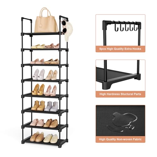 LANTEFUL Tall Shoe Rack 8 Tiers, 16-20 Pairs Shoe and Boots Organizer Storage Sturdy Shoe Shelf, Narrow Vertical Shoe Rack for Entryway, Closet, Metal Shoe Organizer with 5 Hooks - color: Black, size: 8 Tier-54.4" High-17" Wide