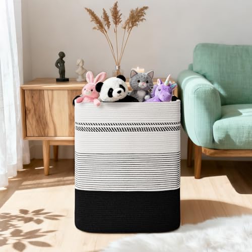Laundry Hamper, 95L Tall Laundry Basket with Leather Handles, Rectangle Large Clothes Hamper for Organizing, Cotton Woven Laundry Baskets Storage Hampers for Bedroom, Nursery, Living Room - color: Black, size: 95L