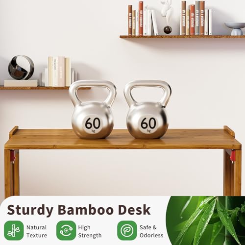 Bamboo Foldable Desk, Folding Desks for Small Spaces, Mid Century Small Computer Desk with Bookshelf for Bedroom Home Office, Brown - color: Brown, size: 21.3"D x 32.7"W x 29.5"H