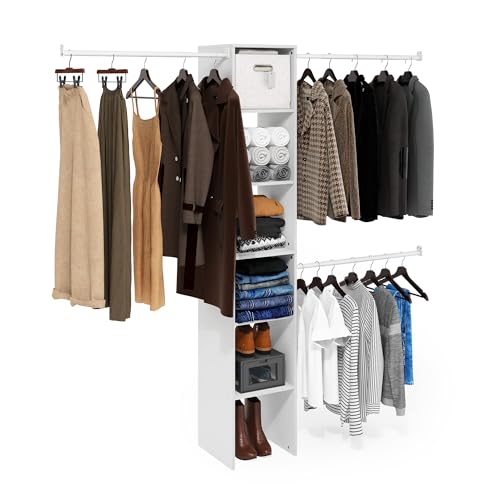 Furinno FANO Closet Organizers and Storage, 5-Tier Closet Storage Organizer with 3 Hanging Bars, Wardrobe Closet Shelf Towers, Adjustable Shelves, for Wardrobe, Bedroom, Living Room, White - color: White, size: 3-Hanging-Bar