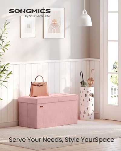 SONGMICS Mazie Collection - 30 Inches Storage Ottoman, Foldable Storage Bench with Flipping Lid, 660 lb Load Capacity, for Entryway, Living Room, Bedroom, Velvet Fabric, Jelly Pink ULSF048SA03 - color: Jelly Pink, size: 15"D x 30"W x 15"H