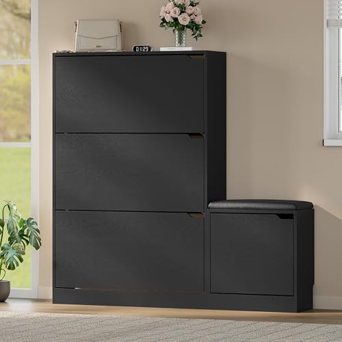 BORNOON Shoe Cabinet with Bench and 3 Flip Drawers, Slim Narrow Shoe Storage Cabinet, Freestanding Shoe Rack Organizer with Adjustable & Removable Shelves, Anti-Tip for Entryway, Hallway, Foyer - color: Black, size: 3-Drawer - Bench