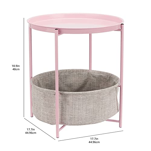 Amazon Basics Round End Table with Storage Bin, Easy Assembly, Bedroom Accent Table, 17.7"D x 17.7"W x 18.9"H, Dusty Pink | Side Table, with Cloth Basket, Storage - color: Dusty Pink