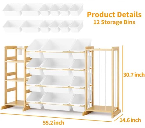 Toy Storage Organizer with Bookshelf and Stuffed Animal Storage - Kids Playroom Organization with Shelves and 12 Toy Bins - Toddler Living Room Toy Box for Lego - Nursery Bedroom Decor Essentials - color: White, size: 55.2"W,3 Shelves,12 Bins