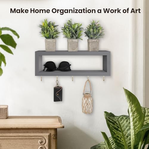 Lwenki Wall Shelf with Hooks - Decorative Key and Wallet Holder for Wall Holds Sunglasses, Leashes, Scarves and Lanyards - 15.7" x 5.1" x 2.9" Entryway Organizer Made of Paulownia Wood (Gray) - color: Grey