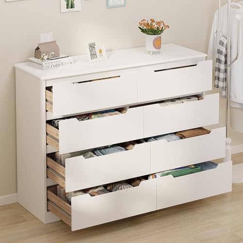 Gizoon 8 Drawer Dresser, 47" Wide White Dresser for Bedroom with Cut-Out Handles, Modern Wooden Chest of Drawers with Anti-Tip Kit, for Living Room, Hallway, Entryway, Home Office - color: White, size: 15.7"D x 47.2"W x 35.4"H (8 Drawers)