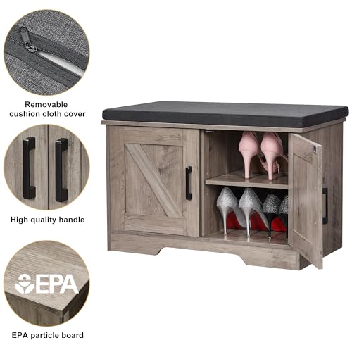 HOMSHO 2-Tier Storage Bench, 27.6" Wide Shoe Bench with Padded Seat Cushion, Entryway Bench with 2 Barn Doors and Adjustable Shelf, Greige - color: Greige, size: 27.6" Wide
