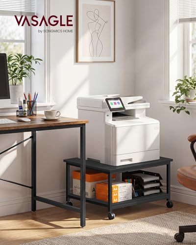 VASAGLE Printer Stand with Locking Wheels, Industrial Mobile Cart, Under Desk Printer Table for Home Office, 23.6 x 19.7 x 13.5 Inches, Storage Shelf, 2-Tier, Ebony Black - color: Ebony Black, size: 2 Tiers/Large